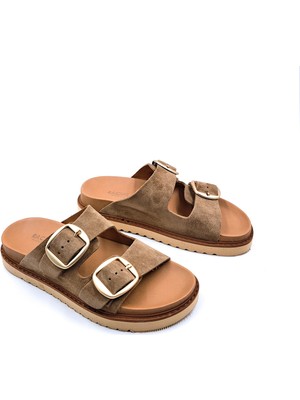 Rachel Milano Rachelmılano R59054 Hakiki Süet Deri Çift Bantlı Camel Bej Anatomik Kadın Terlik