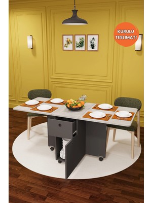 Asra Trend Lüks Katlanır Mutfak Yemek Masası %100 MDF Pratik Çekmeceli Çalışma Masası KM04