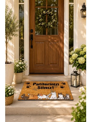 Esnature Kedili Kedi Desenli Patilerinizi Silin Yazılı Kapı Önü Paspası 45X70 cm