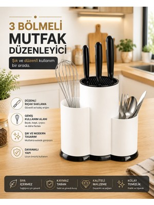 Fevito Tezgah Üstü Bölmeli Bıçaklık - Kaşık Kepçe Bıçak Standı Mutfak Düzenleyici Organizer Kaşıklık Beyaz S-10137