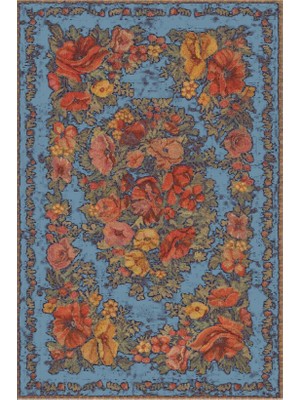 Kartela Halı Karabağ Halı Mavi Makine Halısı Jüt Taban %100 Polyester Salon ve Oturma Odası Halısı