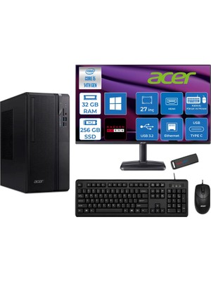 Acer Veriton S2720G Intel Core I5 14400 32GB Ddr5 256GB SSD Windows 11 Home 27 Inç Monitör Radeon RX550 4gb Masaüstü Bilgisayar 27550DTR1PEM003WH11 + Zetta Flash Bellek