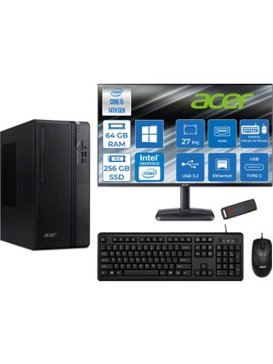 Acer Veriton S2720G Intel Core I5 14400 64GB Ddr5 256GB SSD Windows 11 Home 27 Inç Monitör UHD Graphics 730 Masaüstü Bilgisayar 27DTR1PEM003WH21 + Zetta Flash Bellek