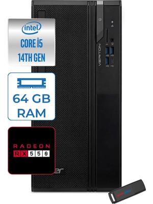Acer Veriton S2720G Intel Core I5 14400 64GB Ddr5 512GB SSD Windows 11 Pro Radeon RX550 4gb Masaüstü Bilgisayar 550DTR1PEM003WP22 + Zetta Flash Bellek