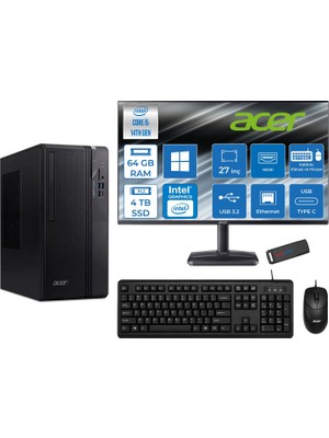 Acer Veriton S2720G Intel Core I5 14400 64GB Ddr5 4tb SSD Windows 11 Home 27 Inç Monitör UHD Graphics 730 Masaüstü Bilgisayar 27DTR1PEM003WH25 + Zetta Flash Bellek