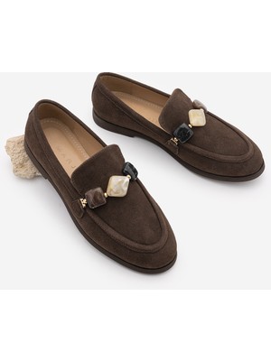 Marjin Kadın Loafer Makosen Taşlı Klasik Günlük Ayakkabı Meniva Kahve Süet