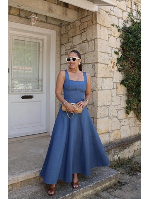 Purple By Banu Mavi Volanlı Maxi Jean Elbise