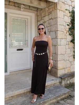 Purple By Banu Kahverengi Straplez Maxi Elbise
