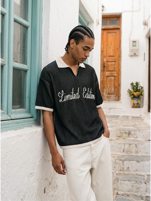 Narcos Oversize Polo Yaka Çizgili T-Shirt