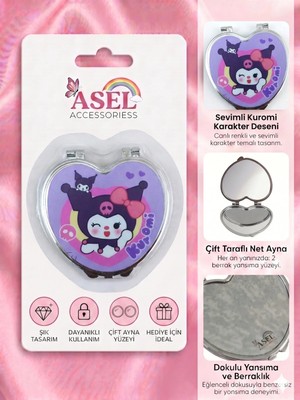Asel Aksesuar Sevimli Karakter Figürlü Kalp Şeklinde Çift Taraflı Katlanabilir Metal Cep Aynası - Mor