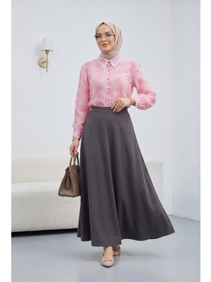 Moda Morfo Top Düğmeli Yakası Dantelli Desenli Jakar Gömlek -Pembe