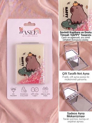 Asel Aksesuar Kapibara Sıvı Simli Çift Taraflı (Bir Yüzü Normal, Bir Yüzü 2x Büyüteçli) Dikdörtgen Cep Aynası - 6 Farklı Model