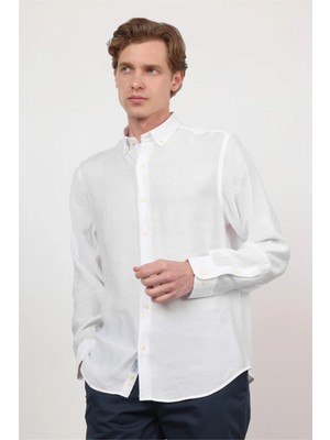 İmza Beyaz Düğmeli Yaka Uzun Kol Cepsiz Slim Fit Modal Gömlek 1004260162