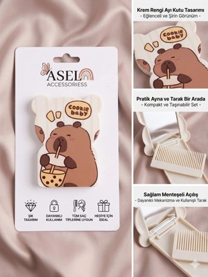 Asel Aksesuar Katlanabilir Cep Aynası ve Çıkarılabilir Mini Tarak Seti Sevimli Ayıcık ve Kapibara Tasarımlı - Farklı Model Seçenekli