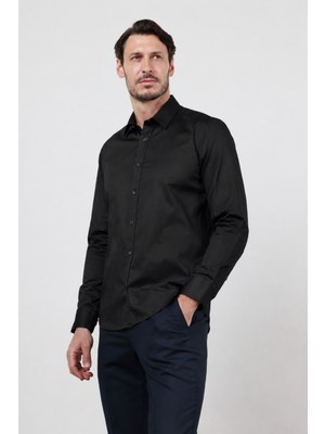İmza Siyah Sert Yaka Uzun Kol Cepsiz Saten Slim Fit %100 Pamuk Gömlek 1004260424