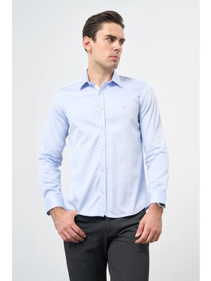 İmza Mavi Sert Yaka Uzun Kol Cepsiz Slim Fit %100 Pamuk Gömlek 1004260324