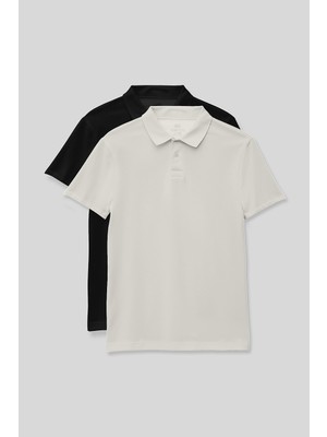 Tommy Life Standart Fit Basic Polo Yaka 2li Paket Siyah-Ekru Unisex Çocuk T-Shirt - 11330