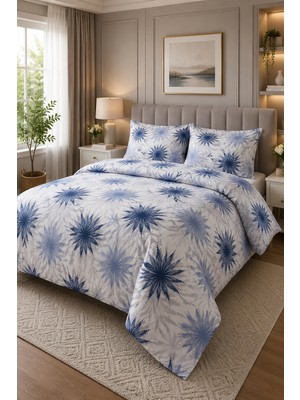 Ebru Tesettür Floral Desen Çift Kişilik Nevresim Takımı Mavi