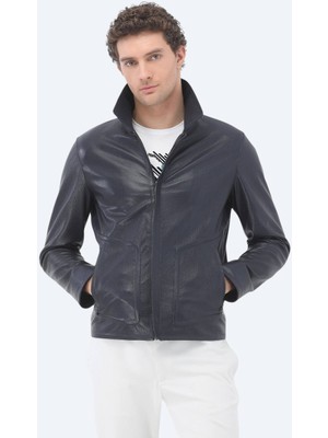 Kip Lacivert Regular Fit Bebe Yaka Smart Casual Koyun Derisi Deri Mont