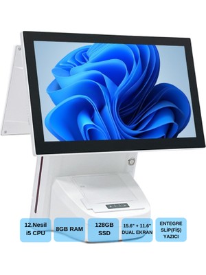 Binbir Göz Bilgisayar Iromx BP-1215W11 I5 12.gen 8gb 256GB 15.6+11.6" Wıfı/dahili Slip Yazıcılı Beyaz Endüstriyel Pos Pc