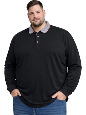 Battal Moda Battalmoda Erkek Büyük Beden Siyah %100 Pamuk Polo Yaka Uzun Kollu Tişört 5xl-6xl-7xl-8xl