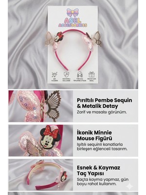 Asel Aksesuar Pırıltılı Kelebek ve Sevimli Fare Figürlü Kaymaz Dişli Kız Çocuk Taç - 3 Farklı Renk Seçeneği