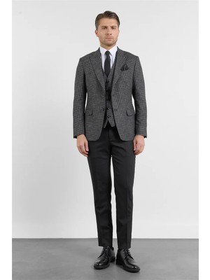 İmza Mono Yaka Kazayağı Desen 6 Drop Slim Fit Keten Karışımlı Takım Elbise 1001260150