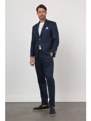 İmza Lacivert Mono Yaka Keten 6 Drop Slim Fit Yarım Astar %100 Keten Takım Elbise 1001260164