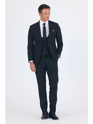 İmza Siyah Mono Yaka Yelekli 6 Drop Slim Fit Tam Astar Esnek Takım Elbise 1001260186