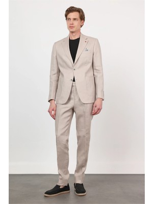 İmza Bej Mono Yaka Keten 6 Drop Slim Fit Yarım Astar %100 Keten Takım Elbise 1001260164