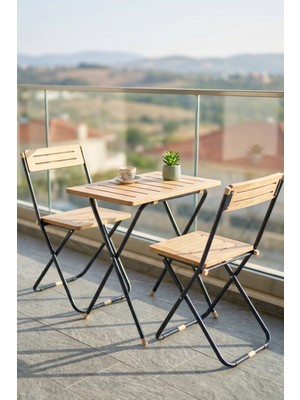 Ironika Ahşap Bahçe Balkon Mutfak 3'lü Bistro Masa Seti Katlanır Masa Sandalye Takımı Açık Kahve