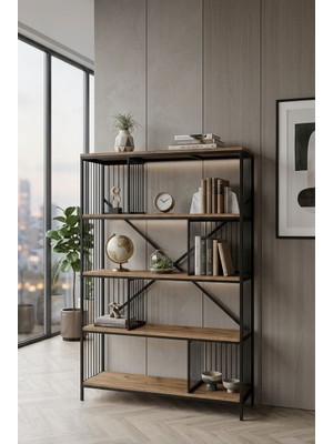Sofmina Dekoratif Lüx 5 Raflı Kitaplık Geniş Metal Kitaplık Dosya Rafı Ofis Salon Raf Ceviz