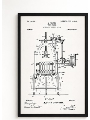 Pegziz Şarap Presi Patent Çizimi Tablosu Duvar Dekor Tablo