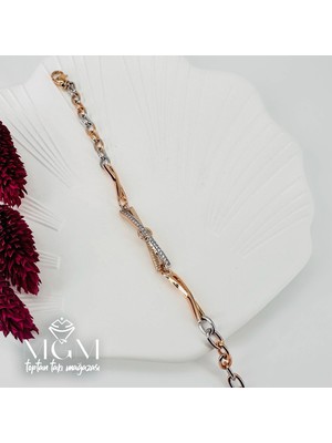 Svoria Store Rodyum+Rose Zirkon Taşlı Pirinç Bileklikler 17+3,5 cm - KBL0066