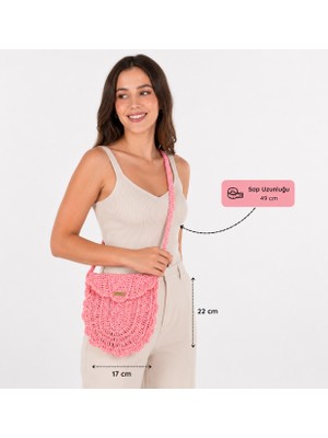 Aliye Şeker Pembe / Pastel Leylak / Indigo Lacivert Çapraz Askılı El Yapımı Örgü Kadın Postacı Çanta