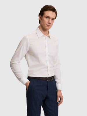 Cacharel Erkek Ekru Slim Fit Liyosel Pamuk Karışımlı Klasik Yaka Armürlü Gömlek 50319147-VR019