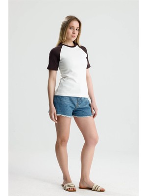 Rose Arya Garnili Kahve Beyaz Yarım Kol Tshirt