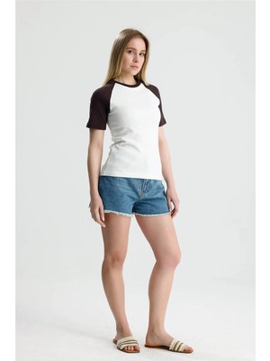 Rose Arya Garnili Kahve Beyaz Yarım Kol Tshirt