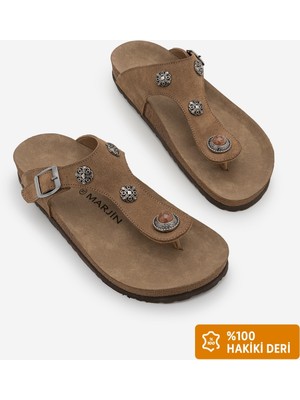 Marjin Kadın Hakiki Deri Eva Taban Tokalı Parmak Arası Günlük Terlik Vezon Camel Süet