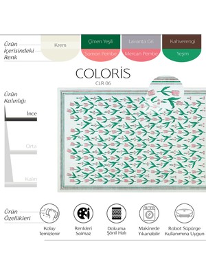 Cool Halı Coloris Çimen Yeşili Pembe Minimal Çiçekli Makinede Yıkanabilir Giriş Balkon Mutfak Genç Oda Halısı