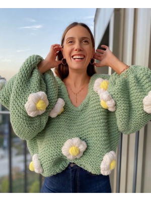 Organic Mira Kadın Pembe Çiçekli Oversize Kazak Papatyalı Kazak