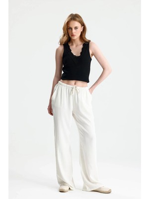 Rose Arya Beyaz Tensel Yıkamalı Beli Lastikli Pantalon