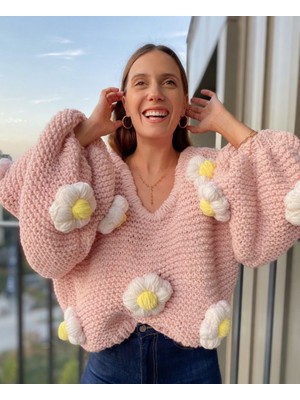 Organic Mira Kadın Pembe Çiçekli Oversize Kazak Papatyalı Kazak