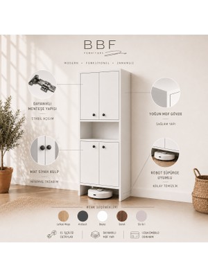 BBF Furniture 4 Kapaklı Çok Amaçlı Dolap %100 Mdf Ayarlanabilir Raflı Kiler Antre Temizlik Dolabı 190X67X34 cm