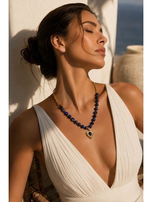 Solare Accessories Lapis Lazuli Doğal Taş Kolye | Pirinç Kalp Uç Detaylı Premium Tasarım