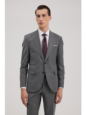 Jakamen Gri Yünlü Slim Fit Sivri Yaka Takım Elbise