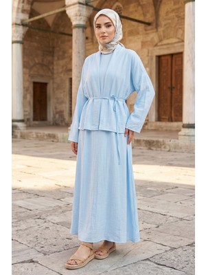 Modestim Kadın Mavi Ceket Kimono Bağlamalı Jile Elbise Ceket Ikili Tesettür Takım  Çilek Elbise Takım Kombin