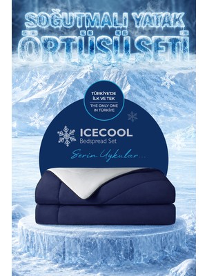 Evien Home Soğutmalı Yatak Örtüsü Seti Çift Kişilik Soğuk Buzlu Icecool 3 Parça Çift Taraflı Lacivert Gri