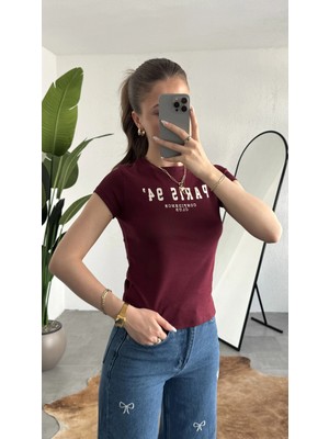 Asfa Moda Kadın Bordo Paris 94 Baskılı Y2K Tarzı Crop Tişört - Pamuklu Örme Bluz