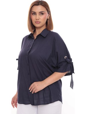 Lady Majestic %100 Cotton Büyük Beden Kadın Pamuklu Gömlek Rahat Kesim, Düğmeli, Volan Kol Detaylı